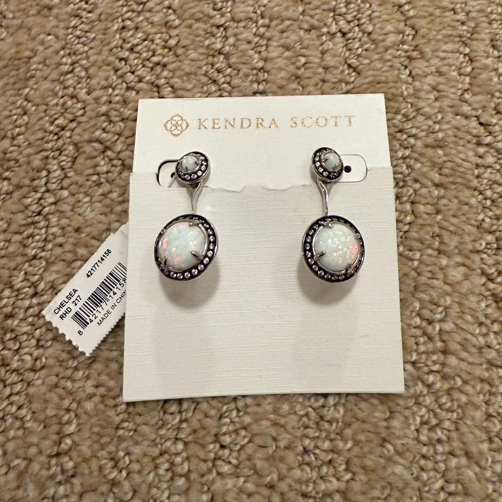 Kendra Scott Silver and White Opal Drop Earrings